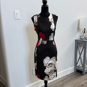 Calvin Klein Collection Black Midi Dress with Red & Cream Floral Print